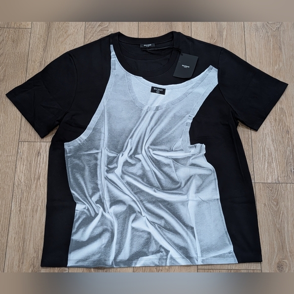 $690 Mens BALMAIN Tank Top Trompe L'oeil Crewneck T-Shirt Black Large